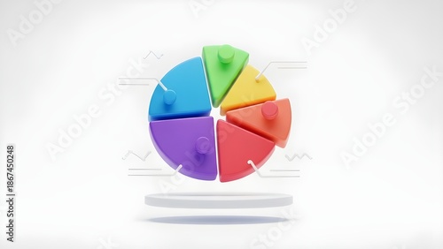 Vibrant 3D pie chart illustration visualizing business data analysis and financial statistics for market growth and strategic planning with clear sections