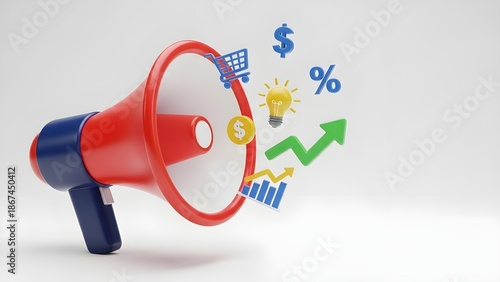 Marketing and Business Growth Strategies with a Megaphone Icon and Financial Graphics