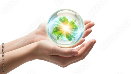 Human hands gently cradle a vibrant glowing sphere, symbolizing environmental protection, global energy, and a sustainable future for our planet
