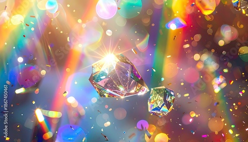 Sparkling gem crystals are illuminated, surrounded by vibrant light, and floating confetti