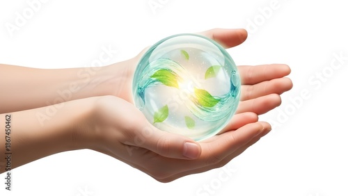 Protecting the planet Human hands gently hold a vibrant, glowing eco-sphere with leaves and light, representing green energy and environmental preservation
