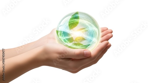 Hands holding a glowing sphere with green leaves and light, symbolizing environmental care, sustainable development, and a hopeful future for nature and energy