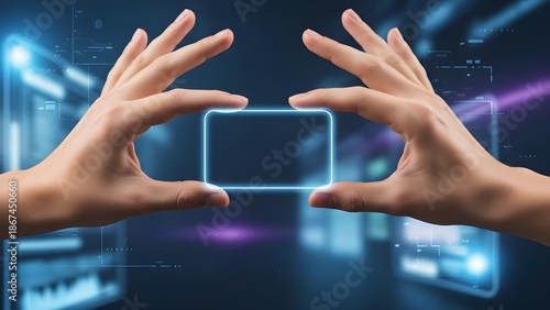 Human hands delicately framing a glowing, ethereal virtual screen within a futuristic digital landscape, symbolizing advanced technology and interactive innovation