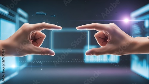 Two hands framing a glowing digital rectangle against a backdrop of futuristic interface elements