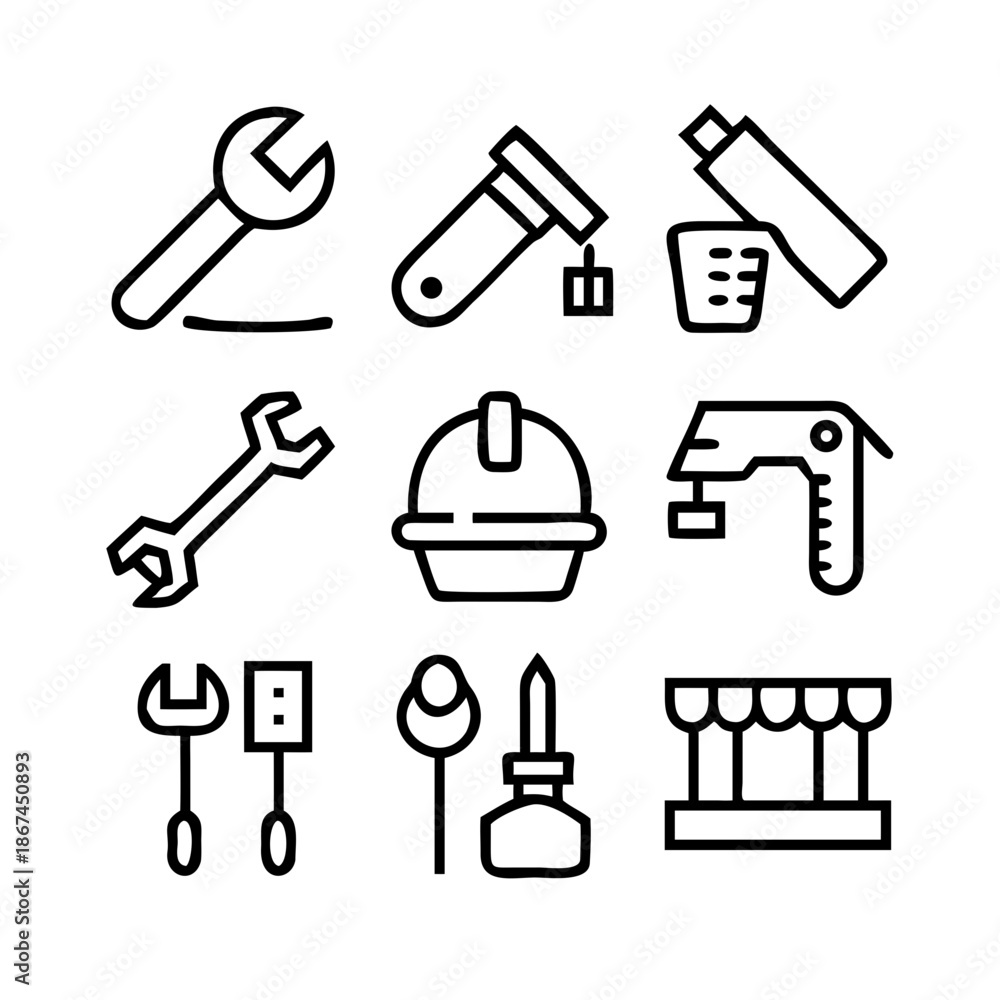 Obraz premium A collection of black silhouette vector icons featuring a set of home repair tools like a hammer, wrench, and drill for house construction and garden work equipment design