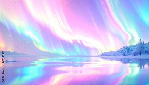 Vivid pastel aurora borealis dances above frozen landscape, reflected beautifully in still water