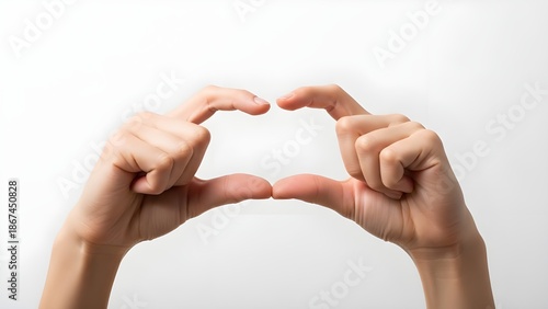 A pair of hands gently coming together to form a delicate heart shape against a clean white background, conveying a powerful message of love, care, or demonstrating a small, precise measurement