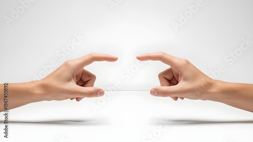 Symmetrical human hands gesturing to show a small gap or object, captured on a clean background, perfect for concepts of precise measurement, comparison, and minimal size