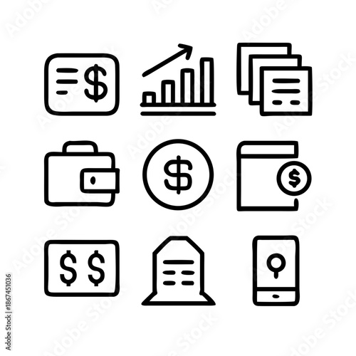 Financial icons depicting money, growth, and payment methods
