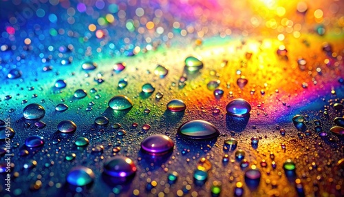 Close-up view of water droplets glistening on a surface, reflecting vibrant colorful light
