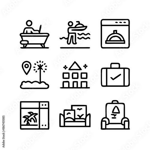 Collection of travel and leisure icons for vacation planning