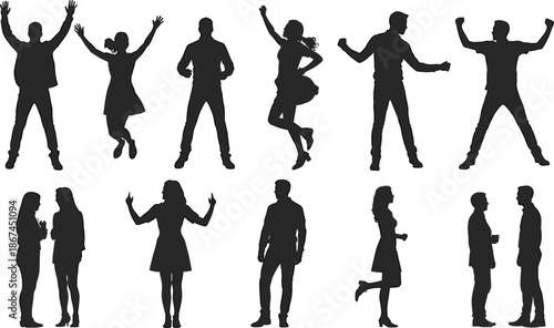 Collection of diverse human silhouettes in various active and conversational poses people woman