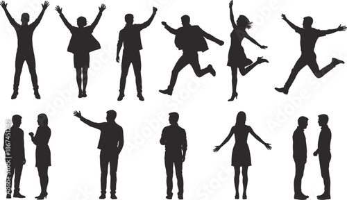 Collection of Human Silhouettes Depicting Joyful and Social Interactions Keywords: silhouette, people, man, woman, male, female