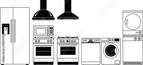 Collection of kitchen appliances in black and white silhouette refrigerator freezer