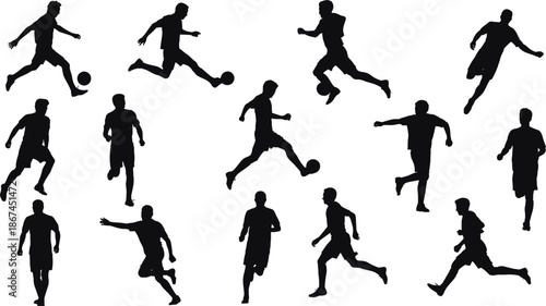Collection of Soccer Player Silhouettes in Action Poses Keywords: soccer, football, player, silhouette, action, kicking, running