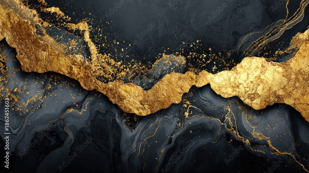 Fototapeta premium A striking abstract design featuring a dramatic gold and black color palette, with fluid textures and shimmering details.