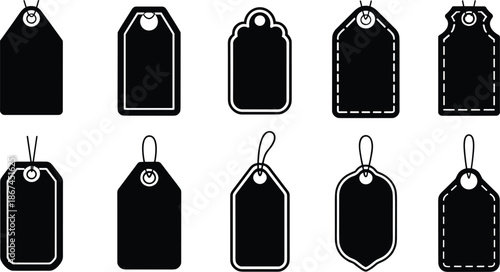 Collection of Ten Black Silhouette Gift Tags and Price Tags with String label blank