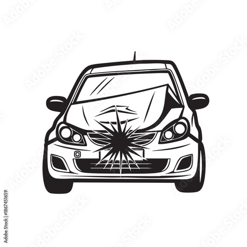 Damaged car with shattered windshield illustration isolated