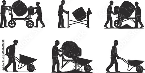 Construction workers operating concrete mixers and wheelbarrows in silhouette vector illustration