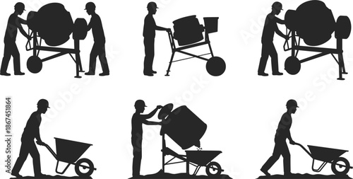 Construction workers operating concrete mixers and wheelbarrows silhouette set Keywords: construction, worker, silhouette
