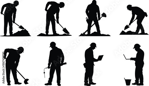 Construction workers with shovels, tools, and laptops in silhouette on white Keywords: construction, worker, silhouette, shovel