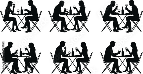 Couple Silhouettes Dining Outdoors With Wine Glasses And Bottles On Table cafe