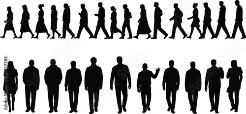 Diverse Silhouettes of People Walking and Standing in Groups Keywords: silhouette, people, man, woman, male, female, group