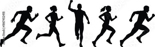 Dynamic Silhouettes Of Runners In Mid- Stride On White Background running race
