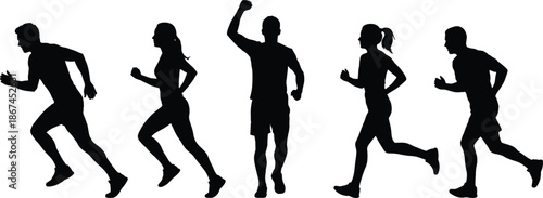 Five Silhouettes of People Running in Different Poses on White Background runner sport