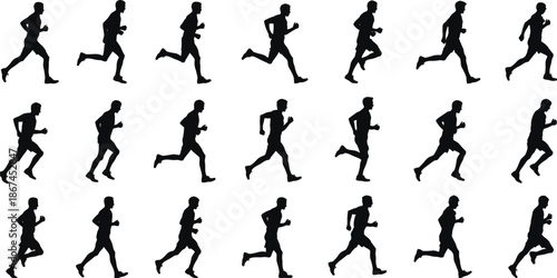 Grid of 18 black silhouettes of a male runner in motion on white background running