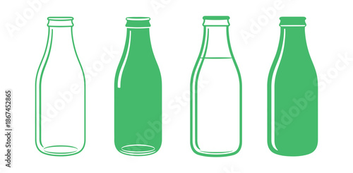 Icon of a milk bottle, illustrating both empty and full glass dairy product packaging in an isolated outline art design, serving as a clipart for beverage elements.

