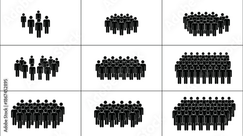 Grid of nine black icon groups representing increasing crowd sizes people