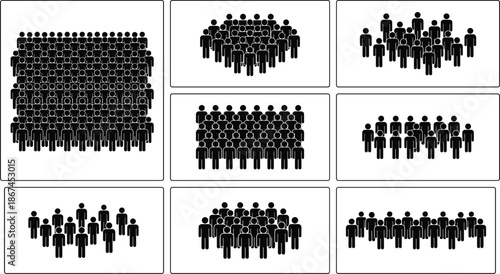 Grid of Nine Black Silhouette Groups of People in Various Formations crowd