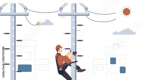 Lineman Climb On electric Pole wearing Helmet animation, Extreme Risk Jobs Professional animated video, Electrician Profession Clip, High Voltage Power Supply footage, Handyman and Repairman motion