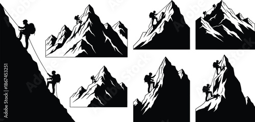 Mountain climber silhouettes ascending steep alpine peaks, adventurous hiking mountaineering illustration, extreme outdoor sport concept, black and white vector design