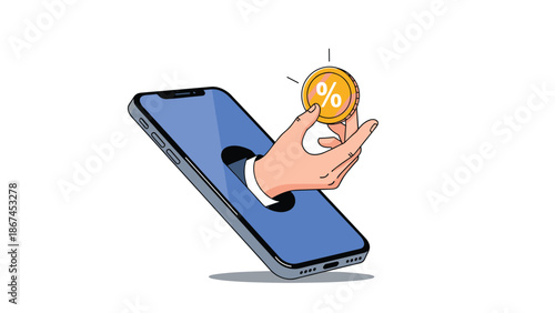 A hand emerges from a smartphone screen holding a gold coin with a percentage symbol, illustrating cashback, online rewards, and digital banking.