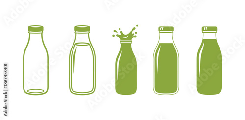 Illustration of a milk bottle icon, representing both empty and full glass packaging for dairy products in an isolated outline art style, used as a clipart for beverage drinks.

