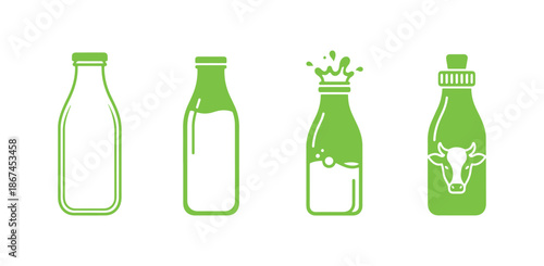 Vector icon of a milk bottle, showcasing both empty and full dairy product glass packaging in a distinct outline art form, designed as a clipart element for drinks.
