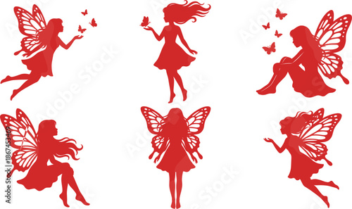 Red silhouettes of fairies with butterfly wings in six whimsical poses fairy fantasy