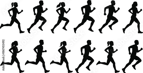 Row of Male and Female Runner Silhouettes in Motion Keywords: running, runners, athletes, people, silhouettes, male, female, men