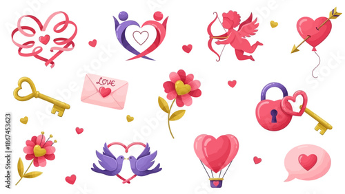 Valentine's Day celebration with multiple red and pink hearts floating around