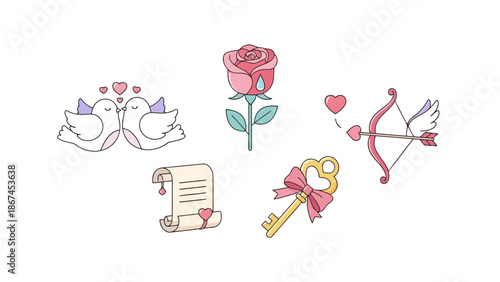 Illustrations of love icons including hearts, roses, and birds displayed together  in a collection reference