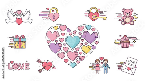 Collection of  heart illustrations with various symbols and keys on white background displayed together