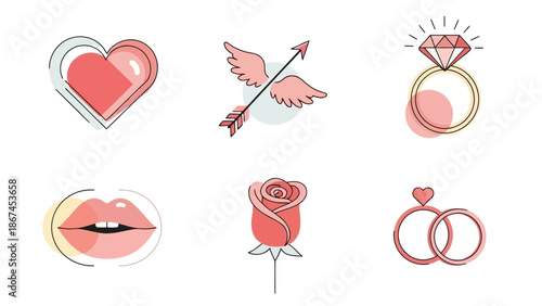 Cute cartoon illustrations show love symbols and gifts on white background 