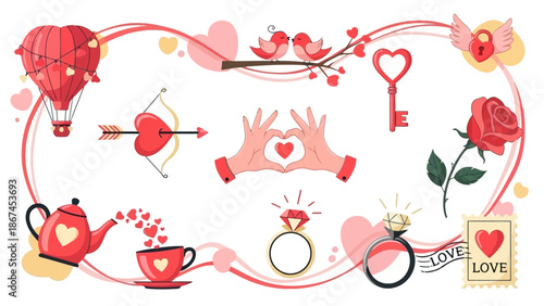 Valentine's Day themed illustrations of hearts, love symbols, and gifts are shown.
