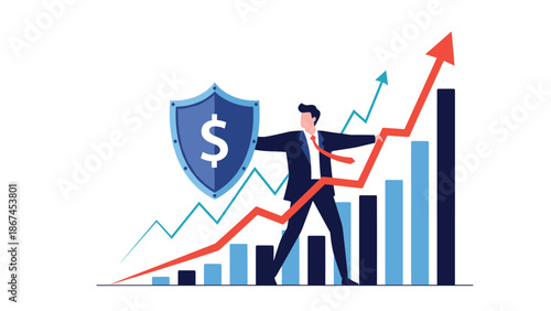 A businessman holds a shield with a dollar sign to protect a rising financial graph, representing investment protection, risk management, and security.