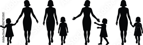 Silhouette mother and child figures in various poses on white background daughter