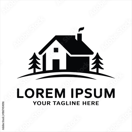 Minimal House Logo with Trees – Real Estate Property Vector Icon