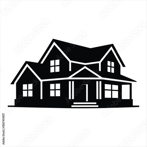 Luxury Family House Icon, Modern Residential Home Silhouette, Real Estate Property Symbol on White Background