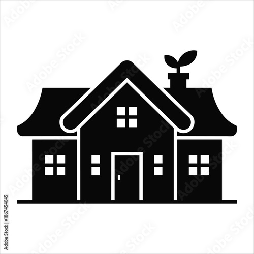 Eco Friendly House Icon with Plant, Sustainable Home Silhouette on White Background
